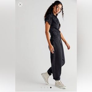 NWT Free People Black Denim Jumpsuit Size S Jean Baggy Coveralls